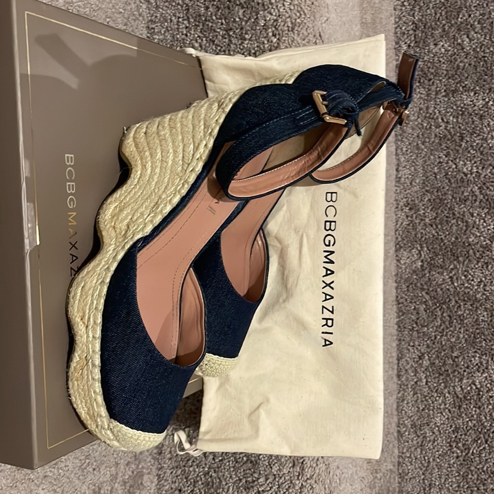 Authentic BCBG Maxazria Abell espadrilles denim blue wedges. Gently worn.